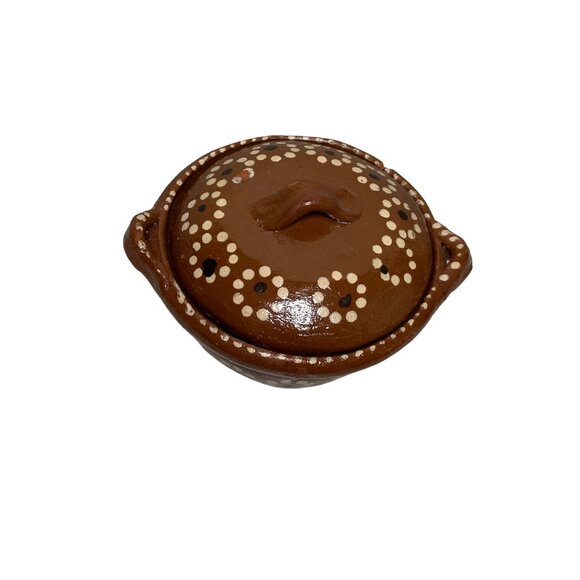 Handmade Terracotta Lidded Bowl | Mexican Folk Pottery Cazuela Repaired Handle - Picture 8 of 9